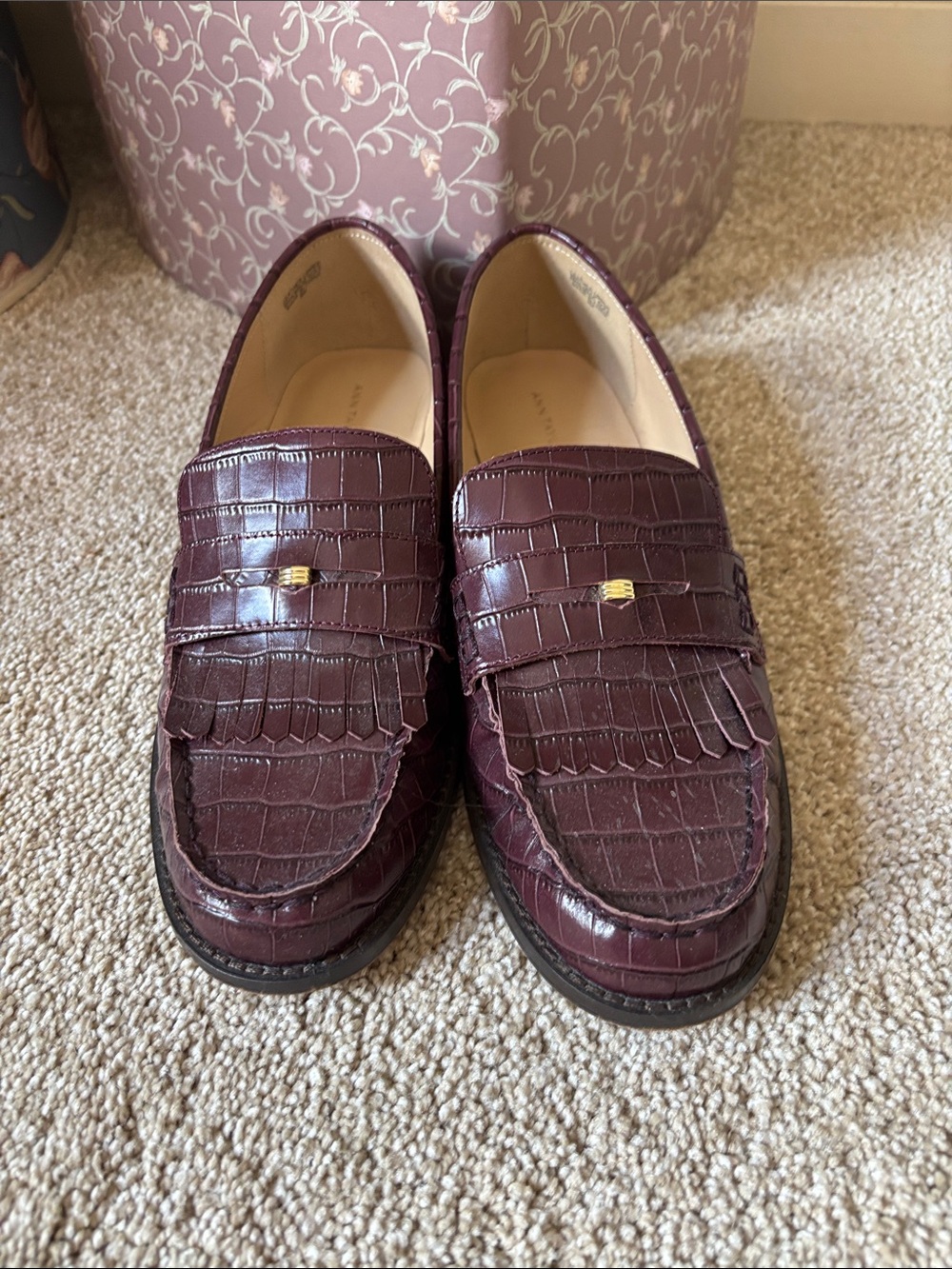 Ann Taylor Croc-Embossed Wine Penny Loafers